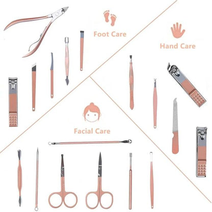 18-in-1 Stainless Steel Manicure & Pedicure Kit with Travel Case - Rose Gold