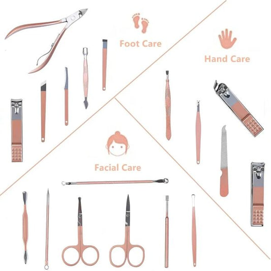 18-in-1 Stainless Steel Manicure & Pedicure Kit with Travel Case - Rose Gold