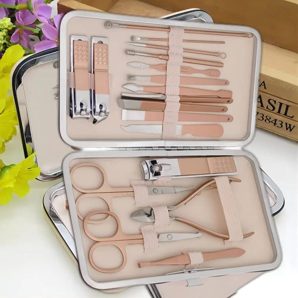 18-in-1 Stainless Steel Manicure & Pedicure Kit with Travel Case - Rose Gold