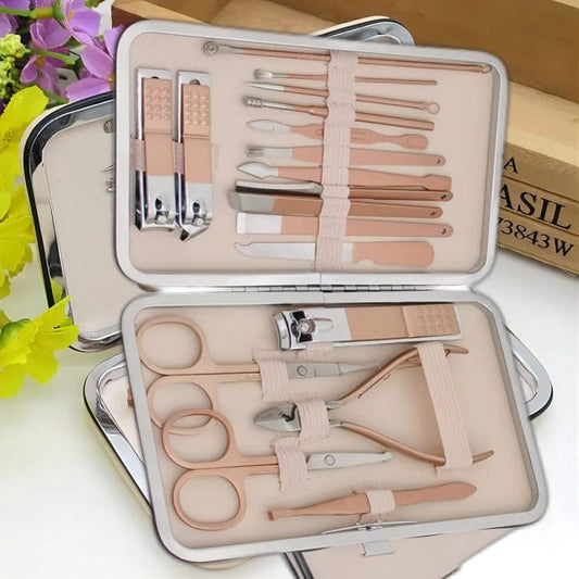 18-in-1 Stainless Steel Manicure & Pedicure Kit with Travel Case - Rose Gold